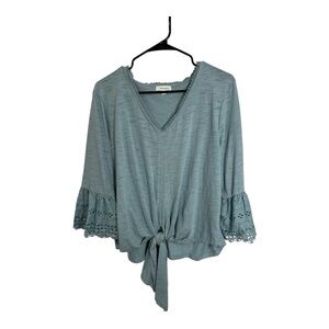 Eyeshadow Women's V Neck Blue Top with Lace Sleeves and Tie Front Size XL